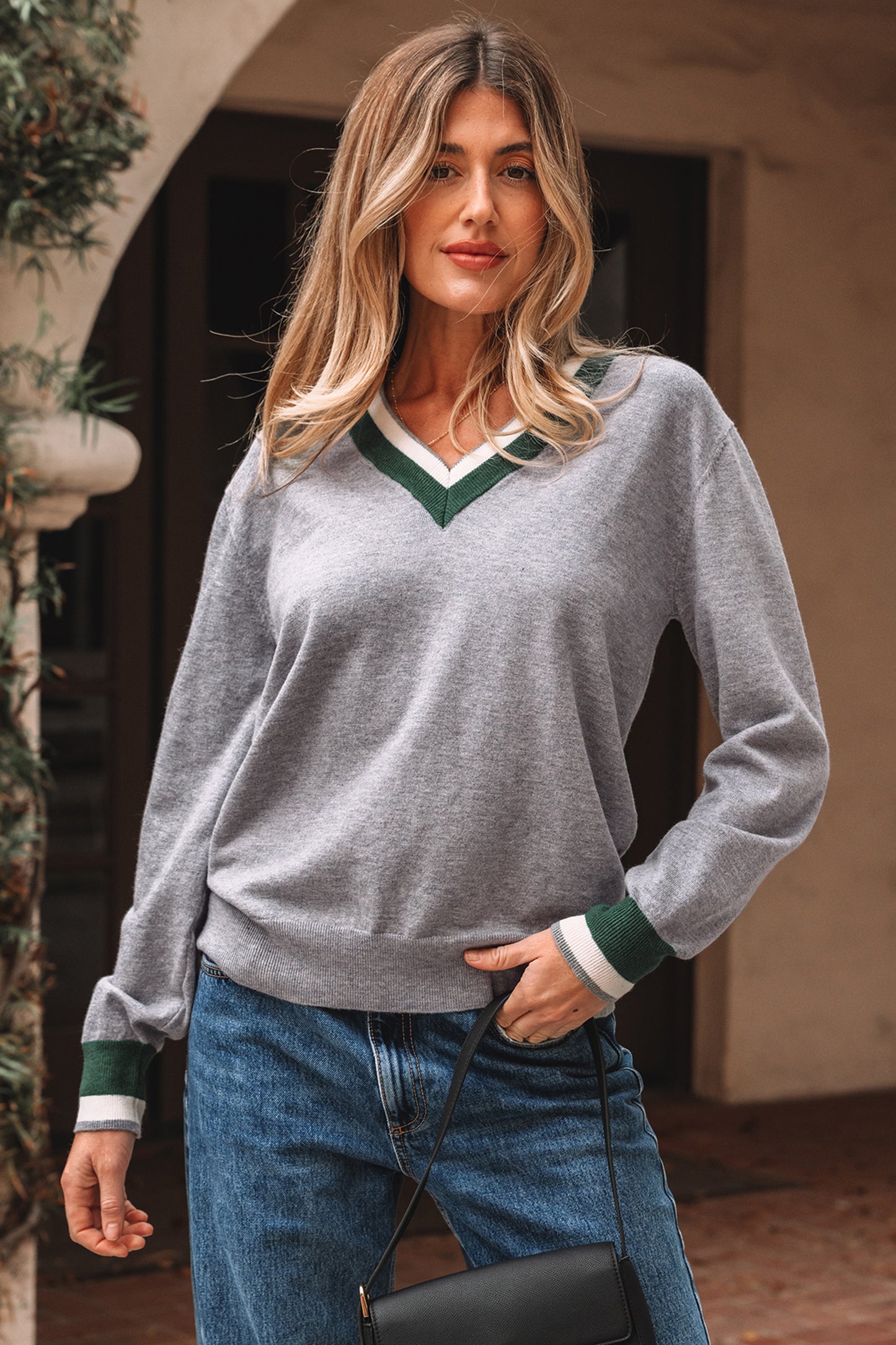 Gray Contrast Striped Trim V Neck Varsity Sweater-Sweaters & Cardigans/Sweaters-[Adult]-[Female]-2022 Online Blue Zone Planet