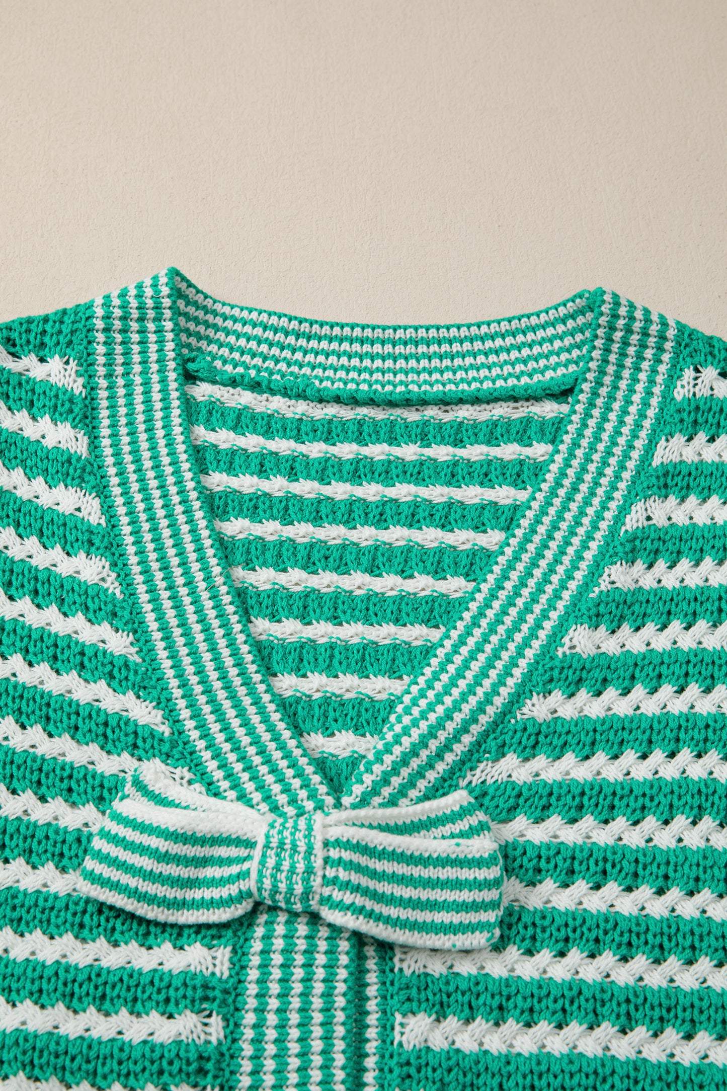 Green Stripe Short Sleeve Knit V Neck Bow Knot Sweater-TOPS / DRESSES-[Adult]-[Female]-2022 Online Blue Zone Planet