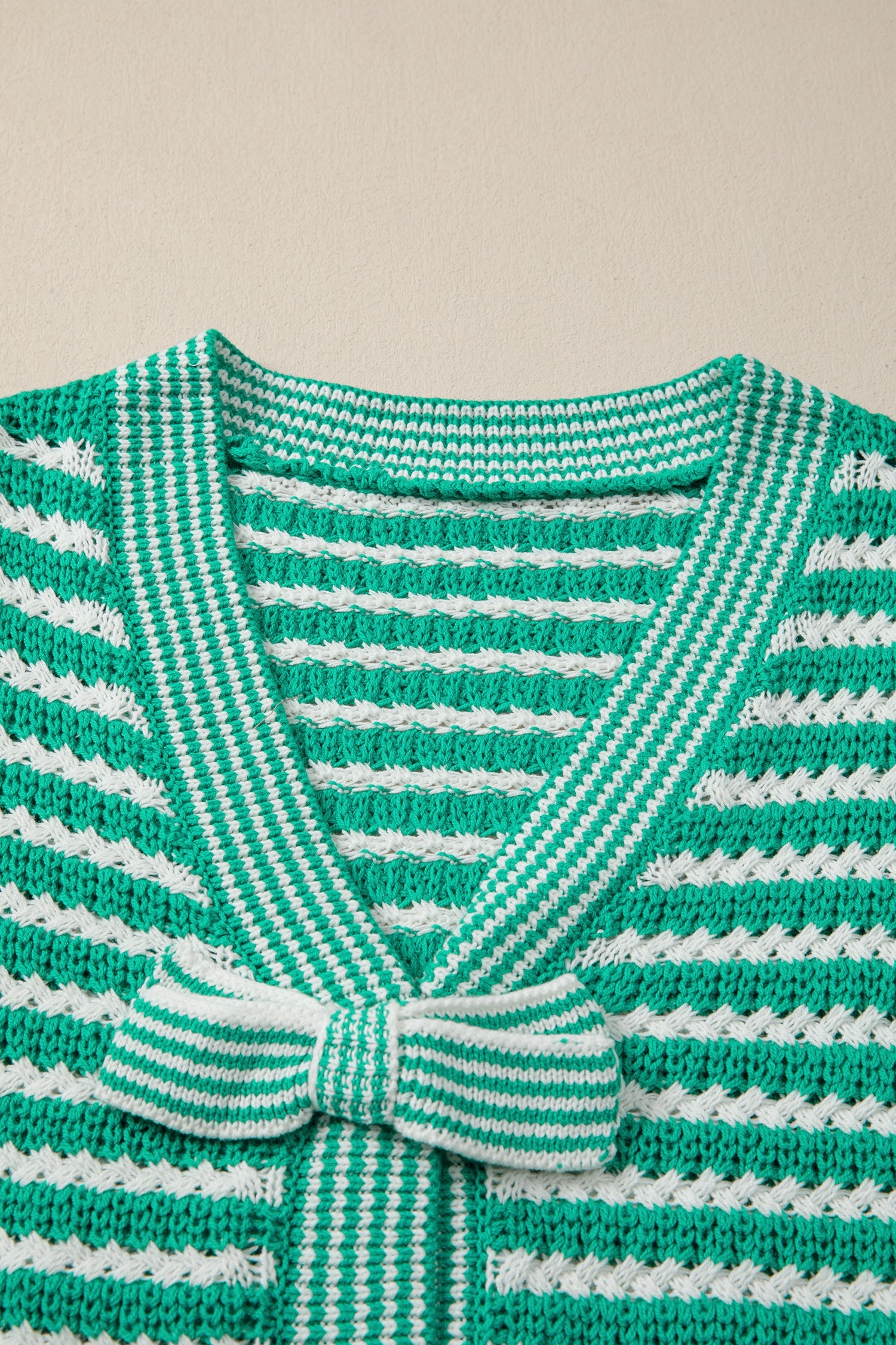 Green Stripe Short Sleeve Knit V Neck Bow Knot Sweater-TOPS / DRESSES-[Adult]-[Female]-2022 Online Blue Zone Planet
