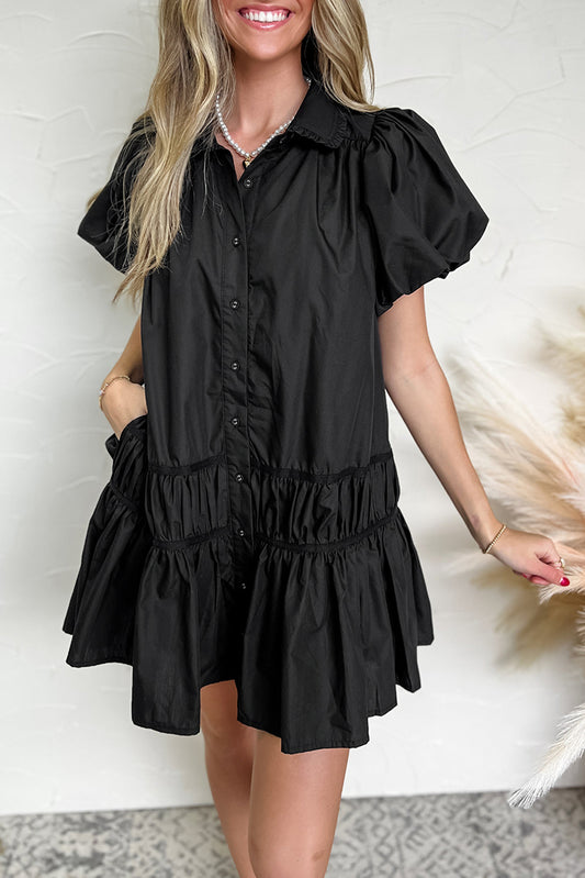 Black Shirt Style Button Down Puff Sleeve Ruffle Hem Dress-Dresses/Mini Dresses-[Adult]-[Female]-Black-S-2022 Online Blue Zone Planet