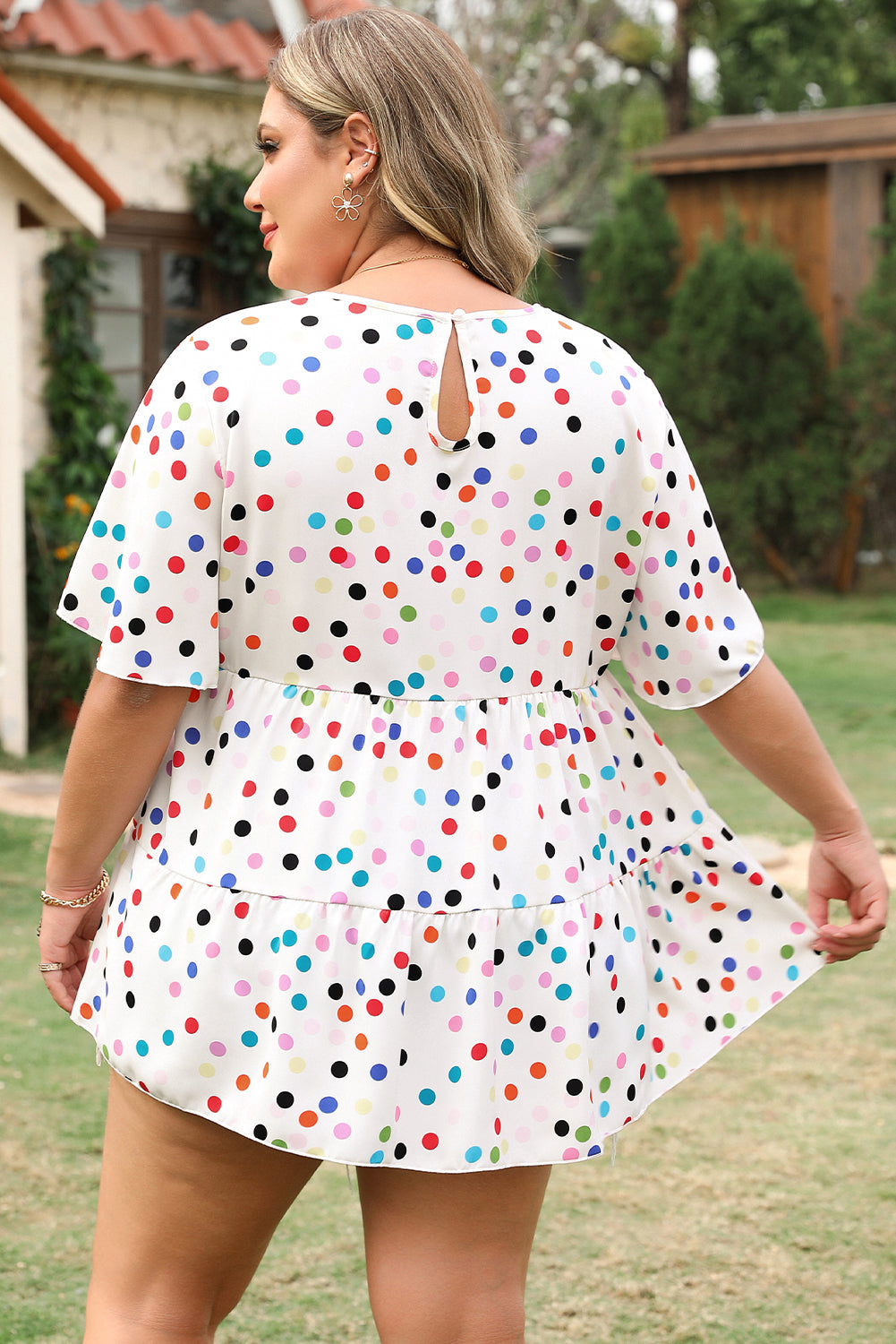 Beige Colorful Polka Dot Print Short Sleeve Ruffled Plus Size Babydoll Blouse-Plus Size/Plus Size Tops/Plus Size Blouses & Shirts-[Adult]-[Female]-2022 Online Blue Zone Planet