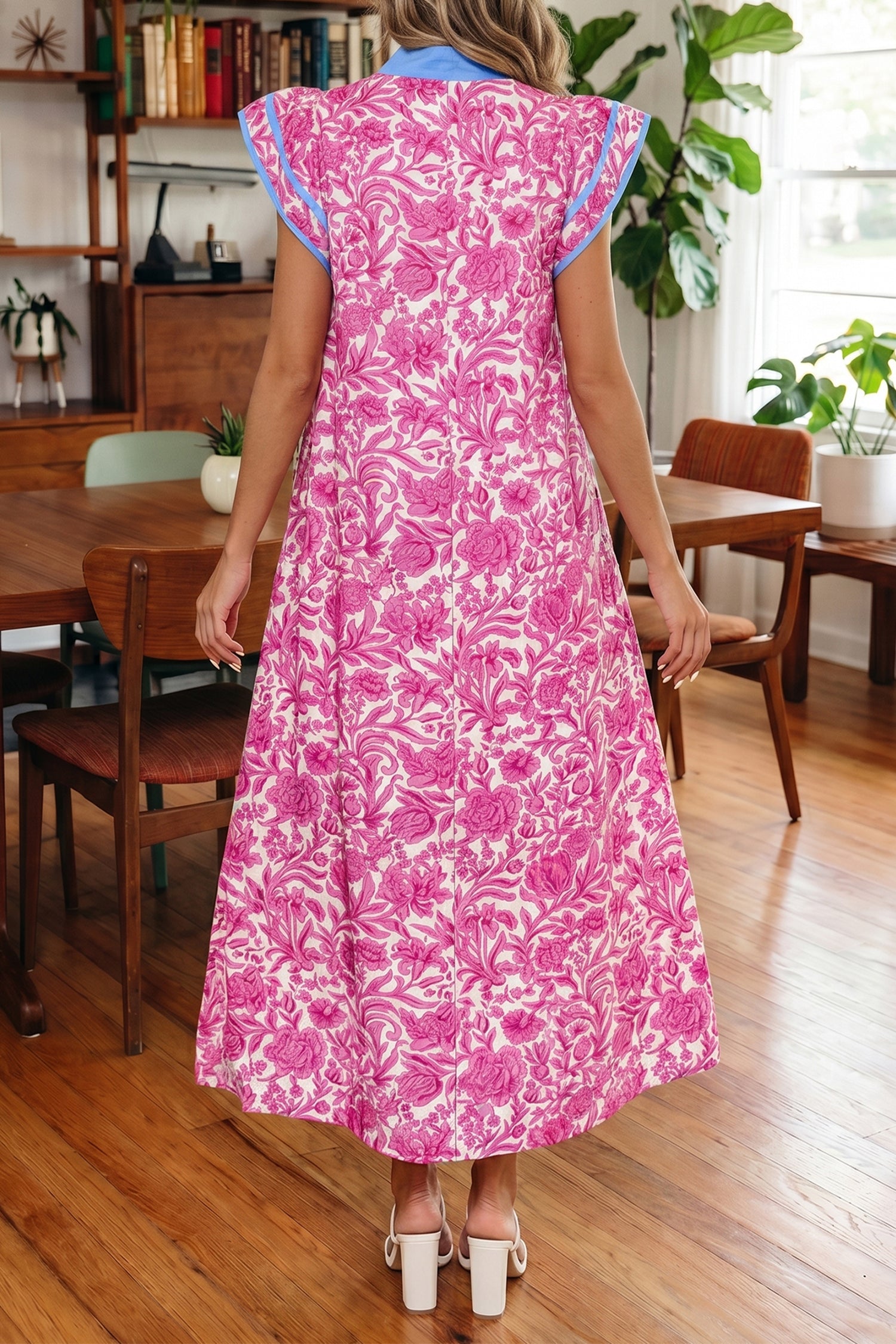Pink Floral Print Color Block Patchwork V Neck Short Sleeve Midi Dress-TOPS / DRESSES-[Adult]-[Female]-2022 Online Blue Zone Planet