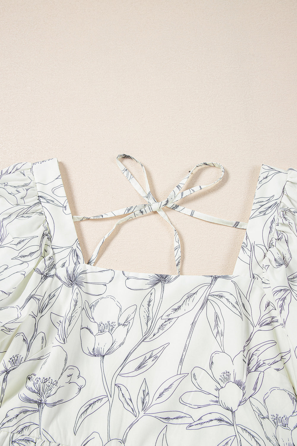 Beige Floral Print Square Neck Shirred Back Puff Sleeve Mini Dress-TOPS / DRESSES-[Adult]-[Female]-2022 Online Blue Zone Planet