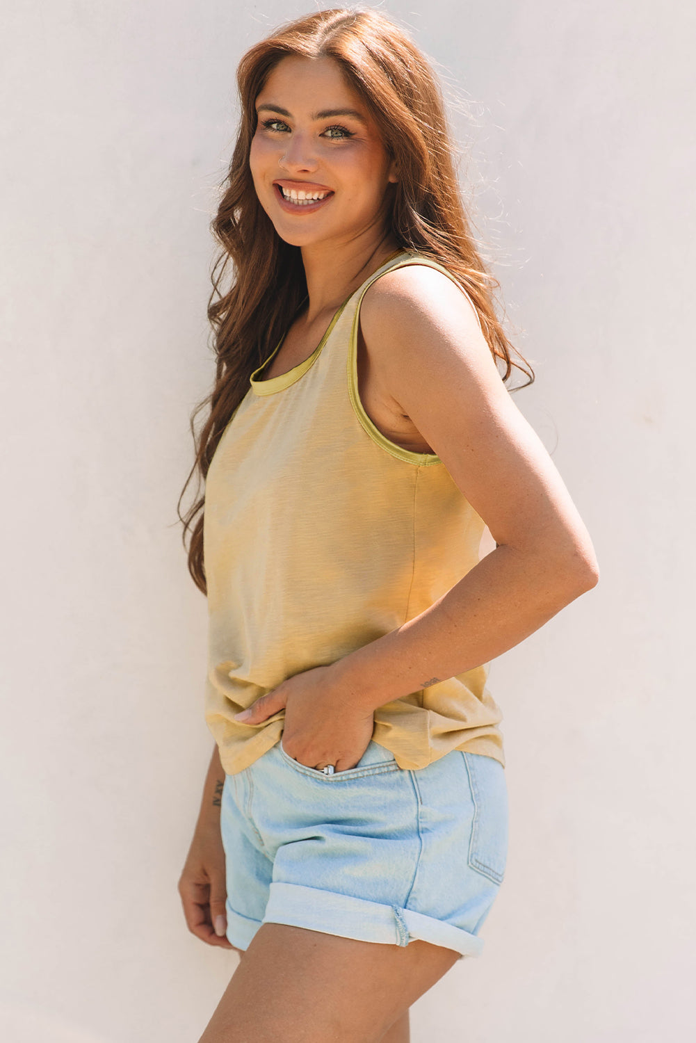 Tan Metallic Sheen Edge Scoop Neck Tank Top-Tops/Tank Tops-[Adult]-[Female]-2022 Online Blue Zone Planet