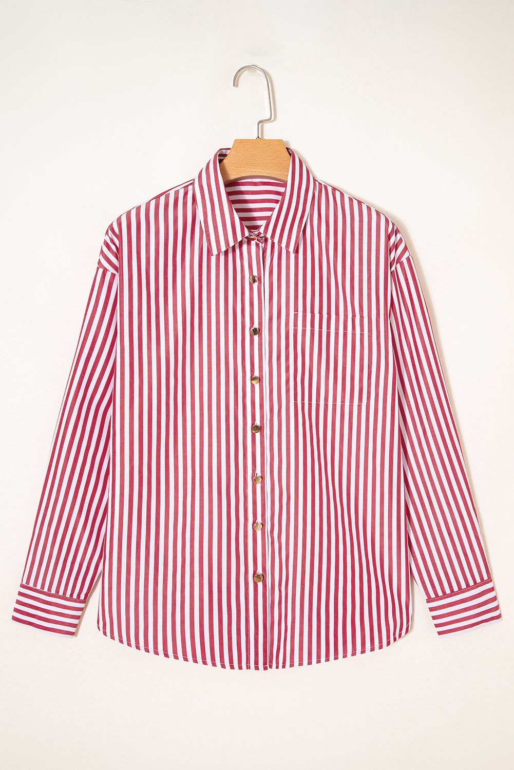 Red Stripe Patched Pocket Side Slit Loose Shirt-Tops/Blouses & Shirts-[Adult]-[Female]-2022 Online Blue Zone Planet