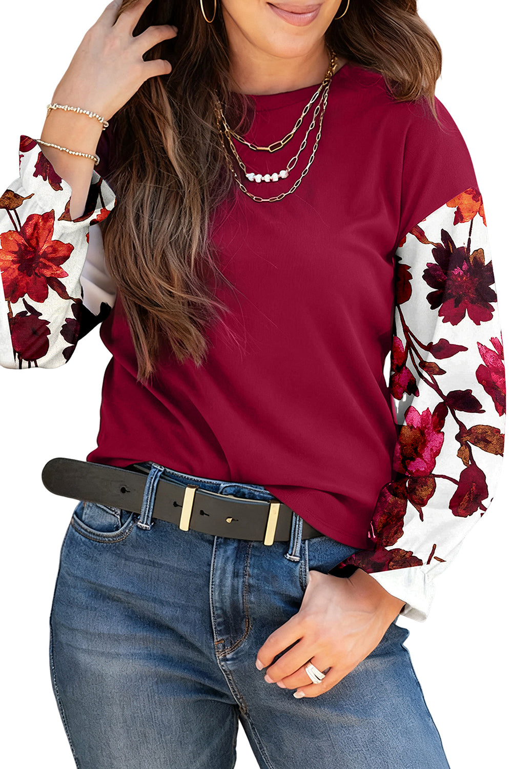 Wild Ginger Contrast Floral Sleeve Solid Ribbed Body Patchwork Long Sleeve Top-Tops/Long Sleeve Tops-[Adult]-[Female]-2022 Online Blue Zone Planet