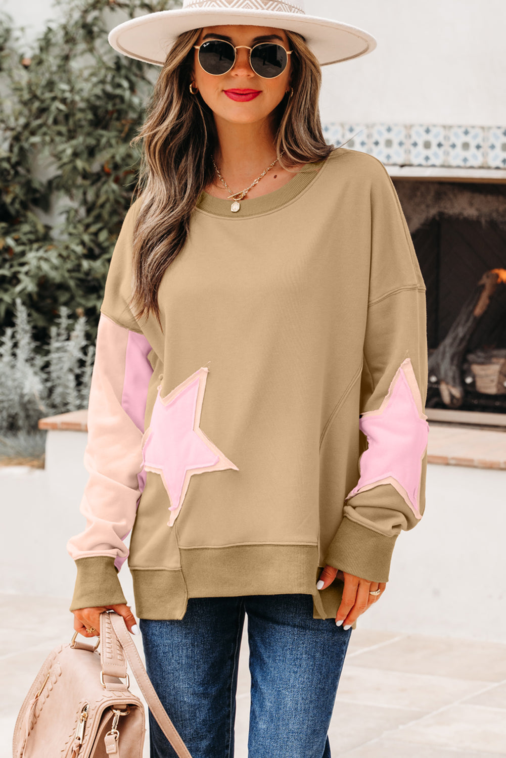 Sage Green Contrast Star Patchwork Exposed Seam Uneven Hem Drop Shoulder Sweatshirt-Tops/Sweatshirts & Hoodies-[Adult]-[Female]-2022 Online Blue Zone Planet
