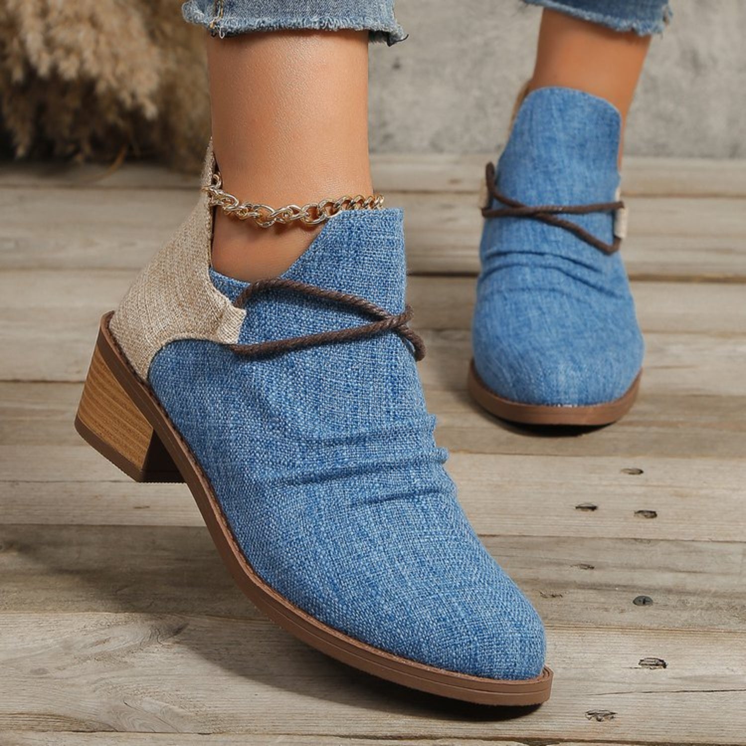 Contrast Canvas Low Heel Boots-SHOES-[Adult]-[Female]-Cerulean-35(US4)-2022 Online Blue Zone Planet