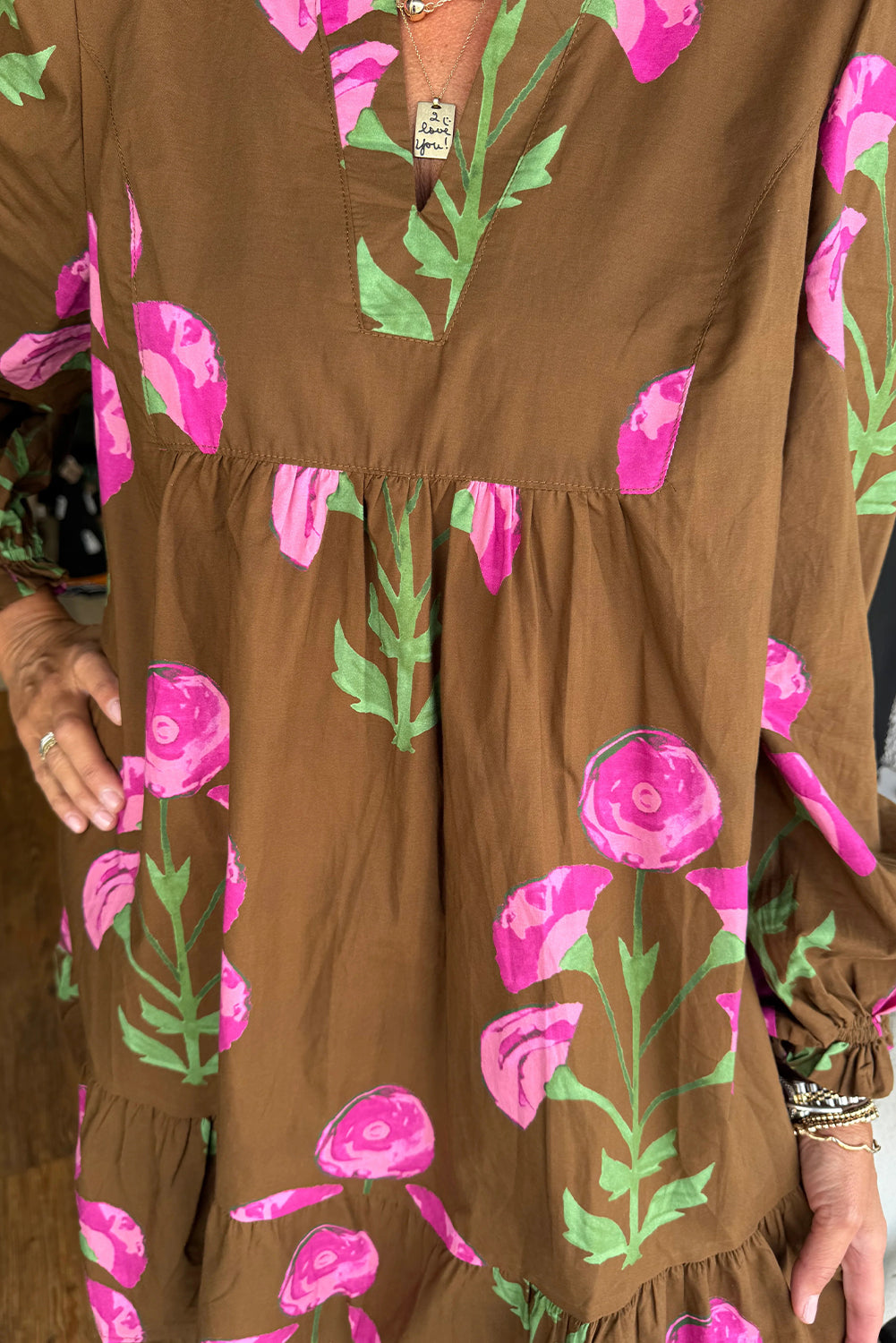 Brown Contrast Floral Print Babydoll Tunic Ruffled Hem Puff Sleeve Dress-Dresses/Floral Dresses-[Adult]-[Female]-2022 Online Blue Zone Planet