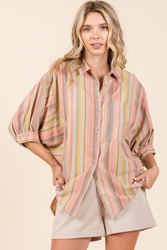 Mittoshop Striped Bubble Sleeve Button Down Shirt-TOPS / DRESSES-[Adult]-[Female]-2022 Online Blue Zone Planet