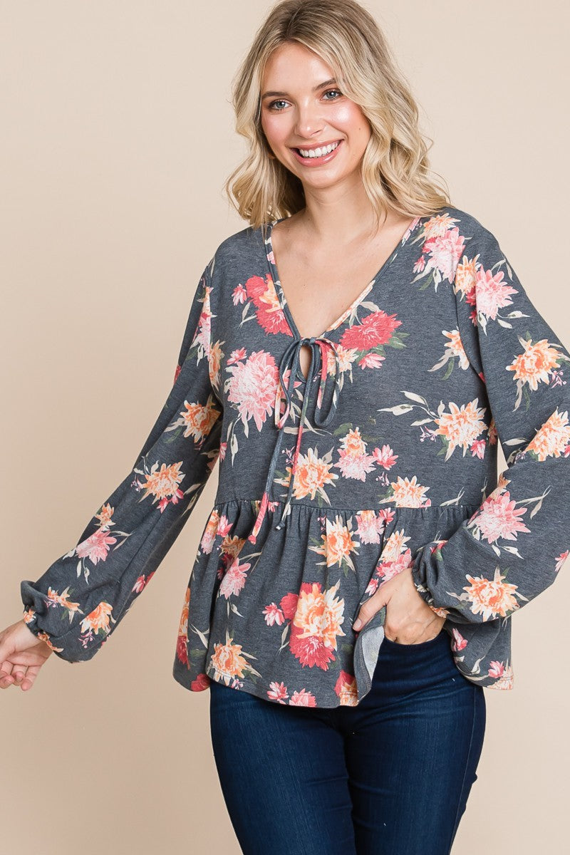 Super Lady Full Size Babydoll Floral Long Sleeve Blouse-TOPS / DRESSES-[Adult]-[Female]-2022 Online Blue Zone Planet