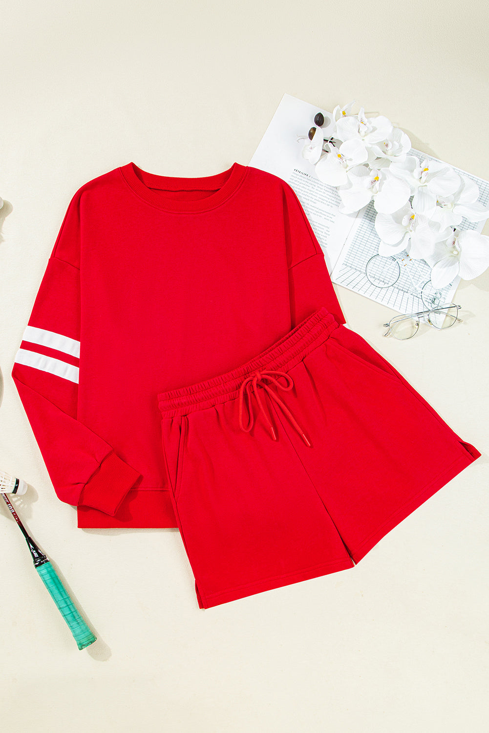 Fiery Red Varsity Striped Sleeve Drop Shoulder Sweatshirt and Short Set-Two Piece Sets/Short Sets-[Adult]-[Female]-2022 Online Blue Zone Planet