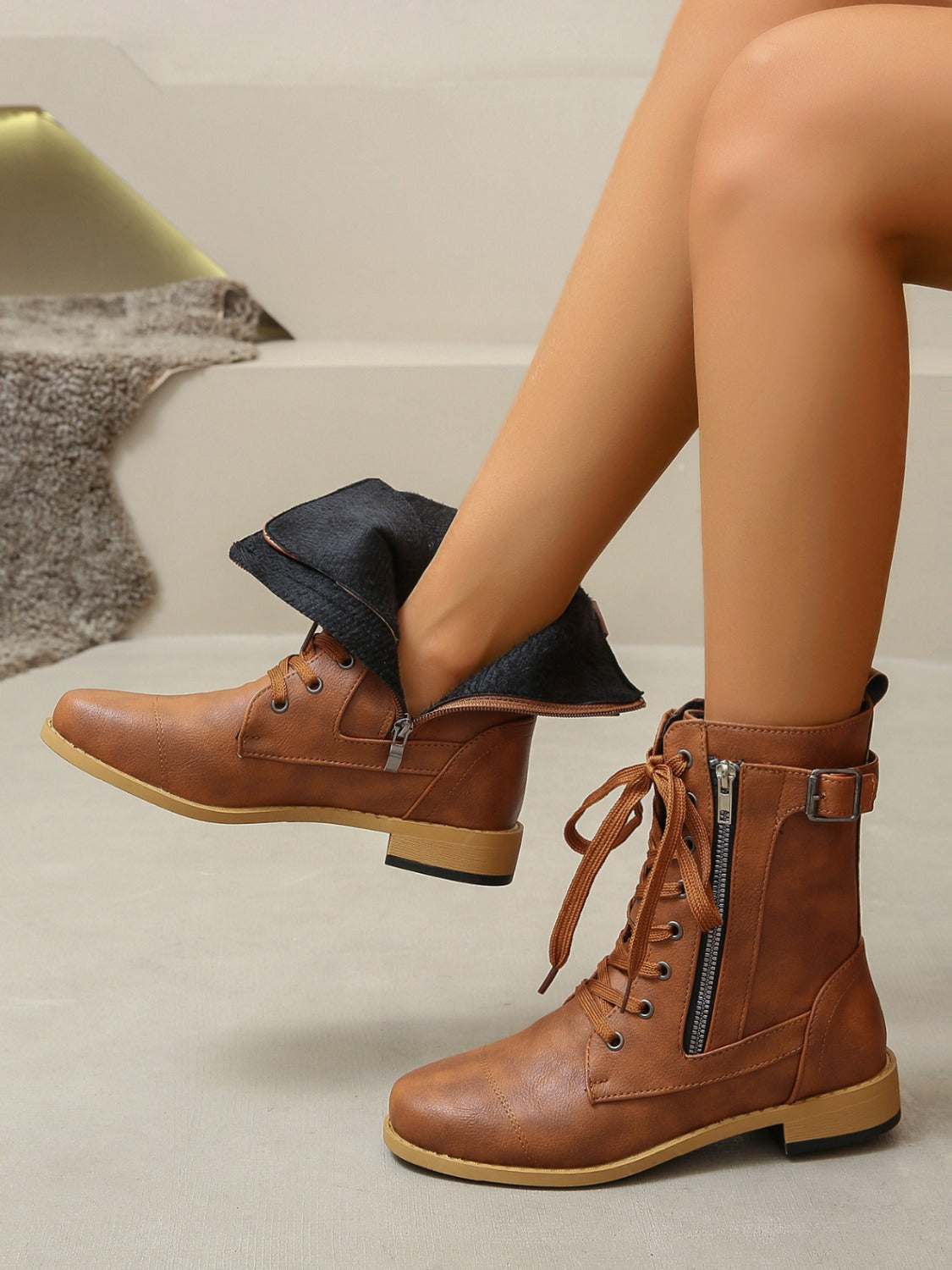 PU Leather Lace-Up Boots-BOOTS-[Adult]-[Female]-Caramel-36(US5)-2022 Online Blue Zone Planet