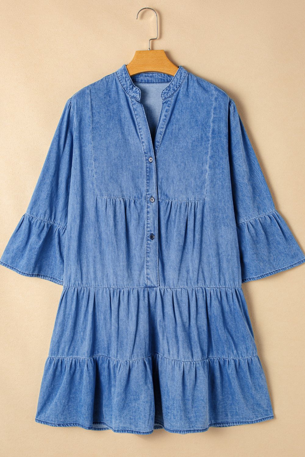 Notched Three-Quarter Sleeve Denim Dress-TOPS / DRESSES-[Adult]-[Female]-2022 Online Blue Zone Planet