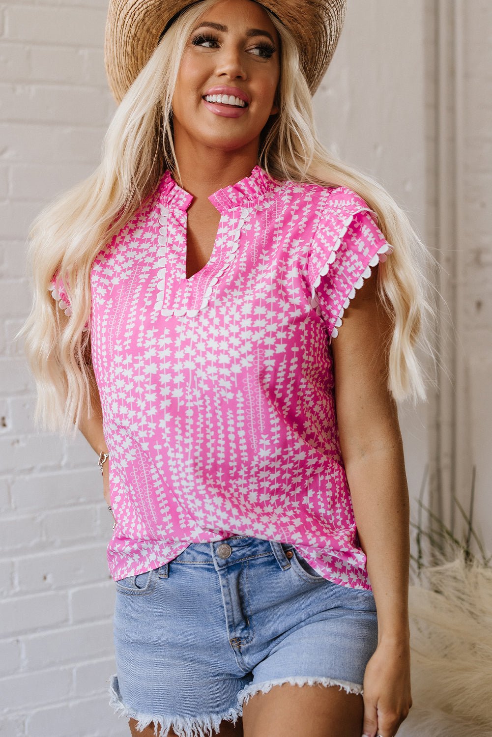 Blue Zone Planet | Pink Abstract Print Ric Rac Trim Flutter Sleeve Notch V Neck Blouse-Tops/Blouses & Shirts-[Adult]-[Female]-2022 Online Blue Zone Planet