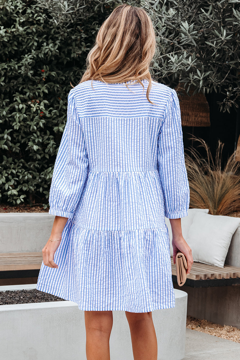Sky Blue Stripe Bracelet Sleeve Tiered Shift Dress with Pockets-TOPS / DRESSES-[Adult]-[Female]-2022 Online Blue Zone Planet