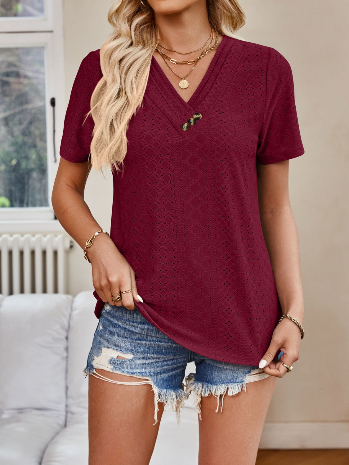 Blue Zone Planet | Lovelet Eyelet V-Neck Short Sleeve Top-TOPS / DRESSES-[Adult]-[Female]-Burgundy-S-2022 Online Blue Zone Planet