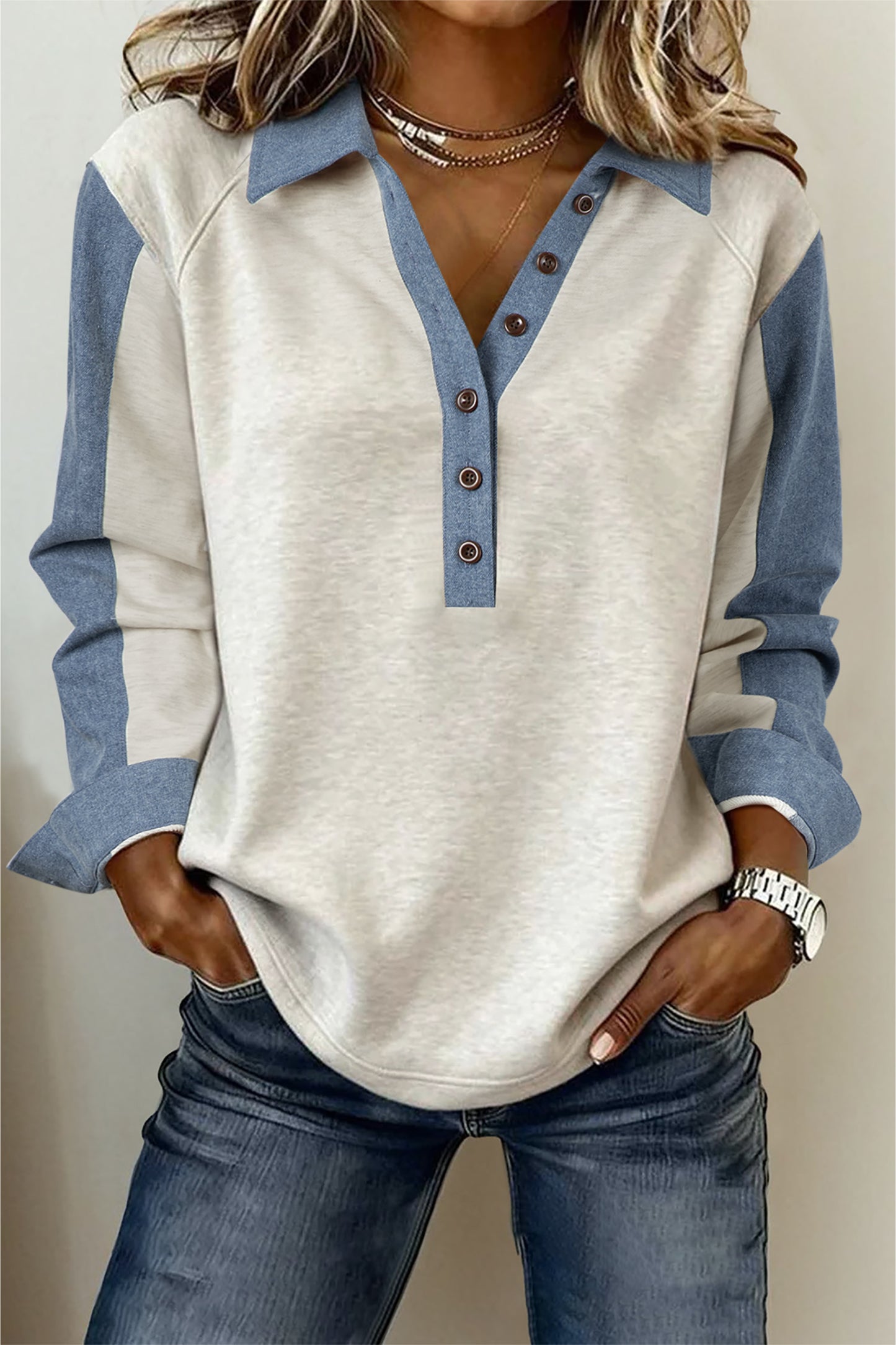 Light Grey Denim Patchwork Buttoned Polo Collar Long Sleeve Top-Tops/Long Sleeve Tops-[Adult]-[Female]-Light Grey-S-2022 Online Blue Zone Planet