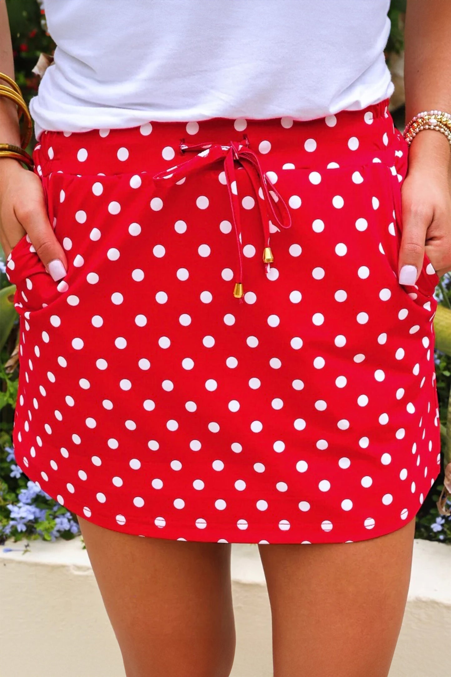 Fiery Red Polka Dot Drawstring Casual Mini Skort-Bottoms/Skirts & Petticoat-[Adult]-[Female]-Fiery Red-S-2022 Online Blue Zone Planet