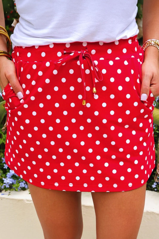 Fiery Red Polka Dot Drawstring Casual Mini Skort-Bottoms/Skirts & Petticoat-[Adult]-[Female]-Fiery Red-S-2022 Online Blue Zone Planet