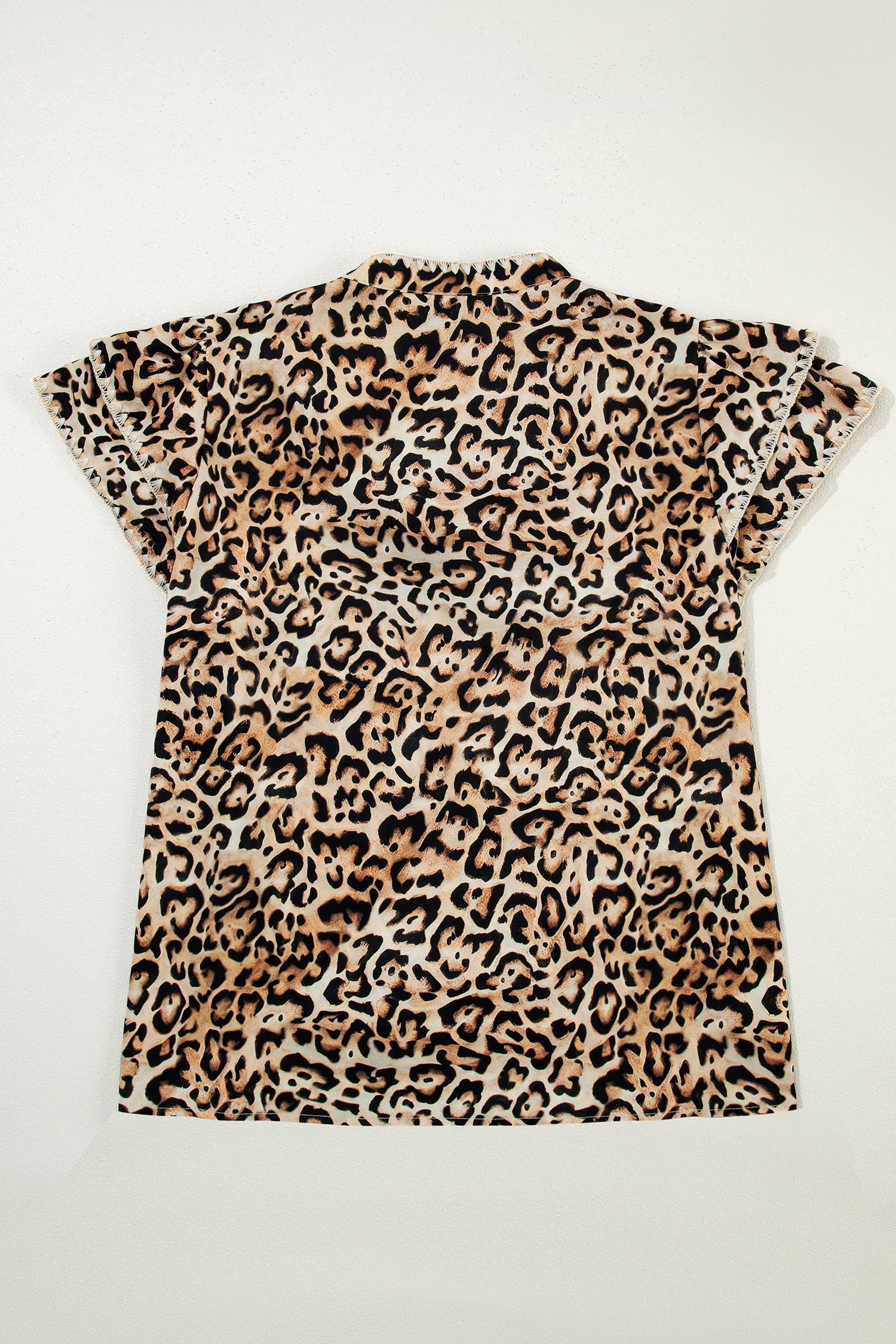 Khaki Plus Size Leopard Print Stitch Detail Ruffled Short Sleeve Blouse-Plus Size/Plus Size Tops/Plus Size Blouses & Shirts-[Adult]-[Female]-2022 Online Blue Zone Planet