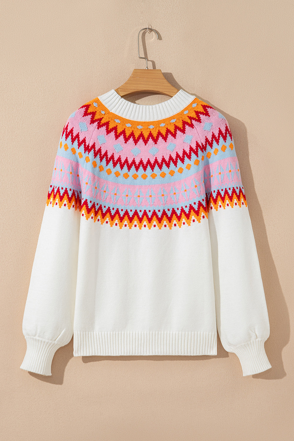 White Ethnic Geometric Colorblock Print Drop Shoulder Sweater-Sweaters & Cardigans/Sweaters-[Adult]-[Female]-2022 Online Blue Zone Planet