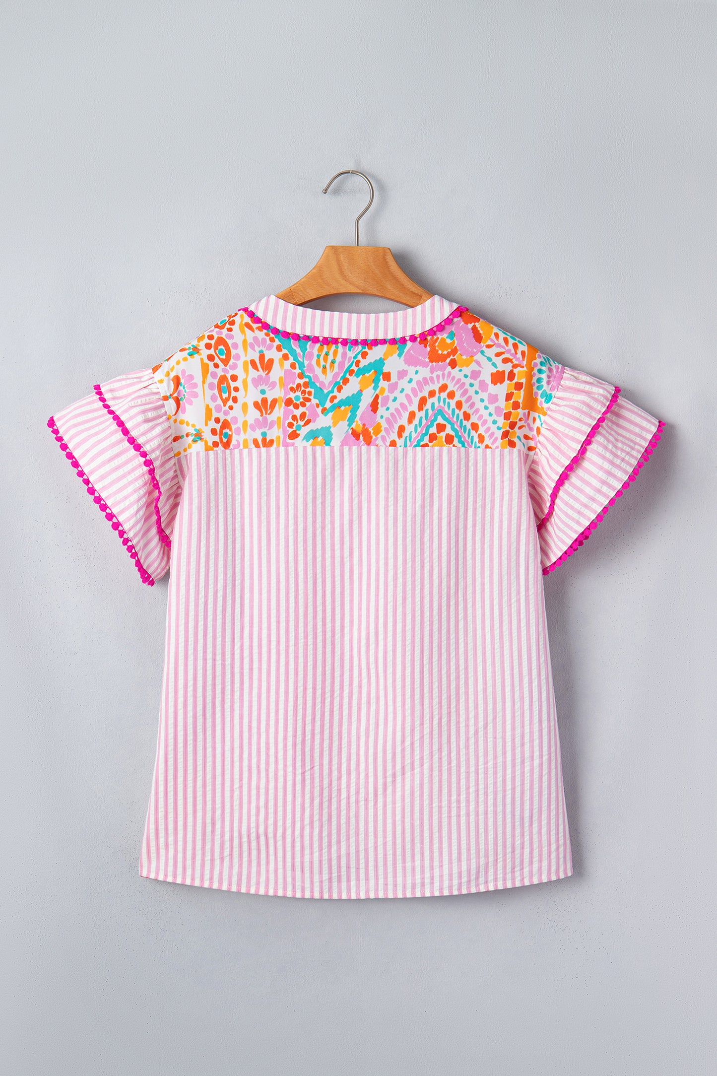 Rose Boho Mixed Print Contrast Trim Striped Patchwork Tiered Short Sleeve Blouse-Tops/Blouses & Shirts-[Adult]-[Female]-2022 Online Blue Zone Planet
