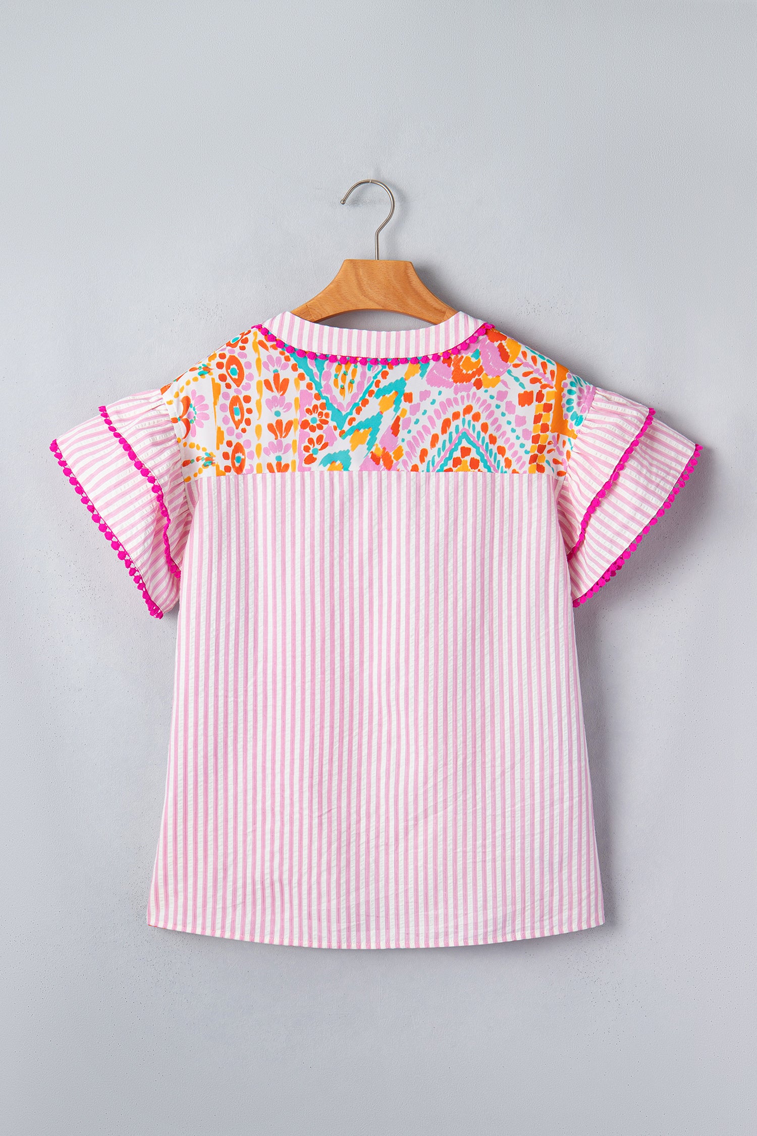 Rose Boho Mixed Print Contrast Trim Striped Patchwork Tiered Short Sleeve Blouse-Tops/Blouses & Shirts-[Adult]-[Female]-2022 Online Blue Zone Planet