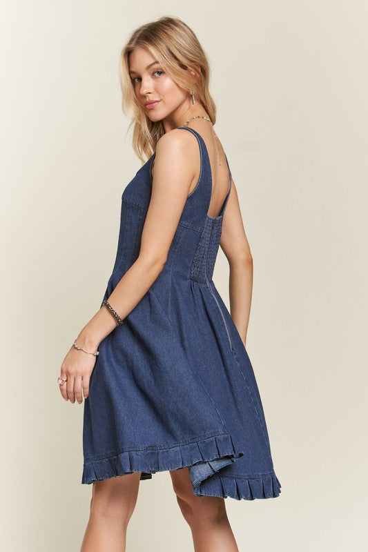 ADORA Smocked Back Square Neck Denim Dress-TOPS / DRESSES-[Adult]-[Female]-2022 Online Blue Zone Planet