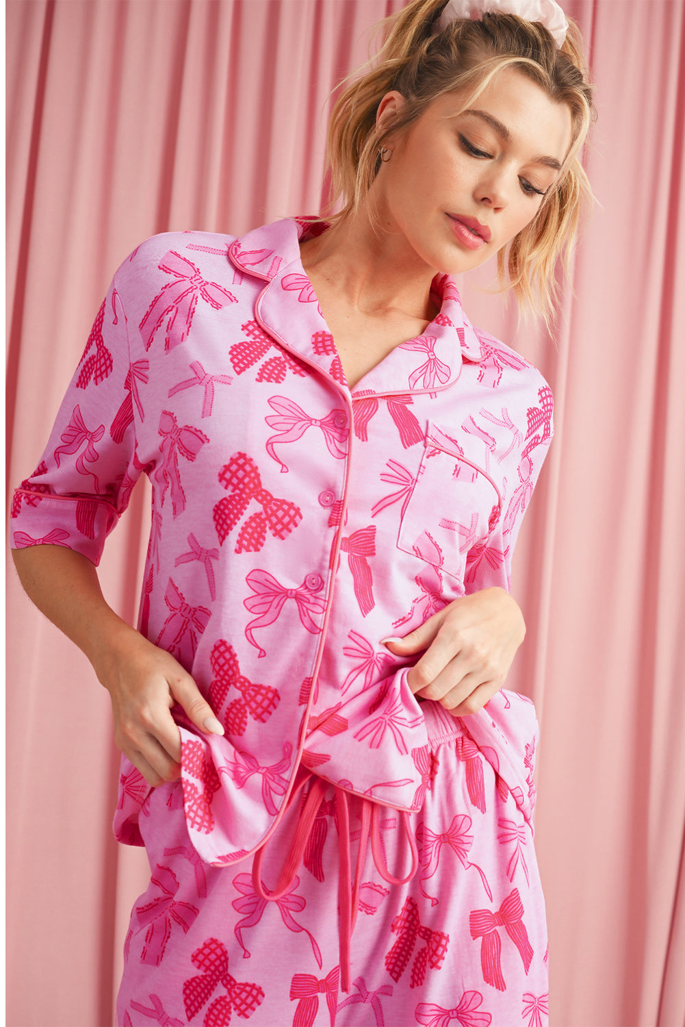 Blue Zone Planet | Pink Bow Knot Print Lapel Collar Short Sleeve and Pants Pajamas Set-Loungewear Set-[Adult]-[Female]-2022 Online Blue Zone Planet