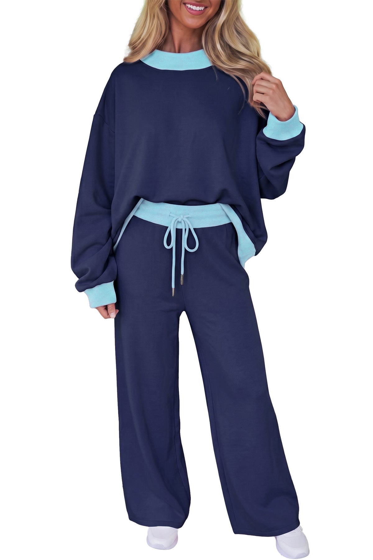 Light Pink Color Block Trim Long Sleeve Pullover Drawstring Shift Pants Set-Two Piece Sets/Pant Sets-[Adult]-[Female]-2022 Online Blue Zone Planet