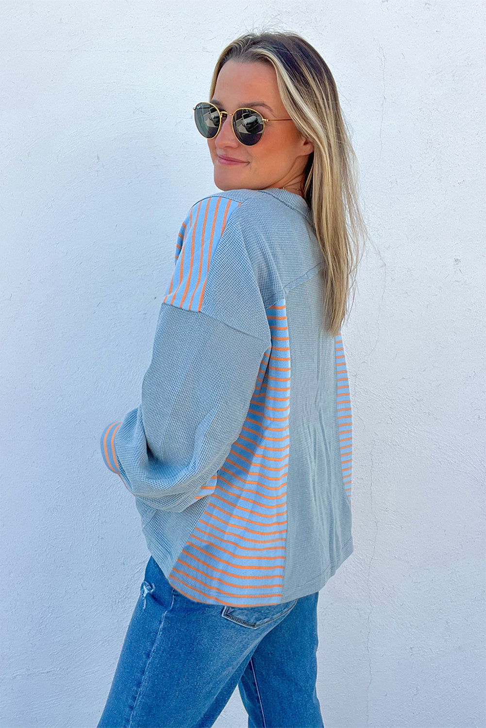 Dusk Blue Exposed Seam Waffle Striped Patchwork Baggy Pullover-Tops/Long Sleeve Tops-[Adult]-[Female]-2022 Online Blue Zone Planet