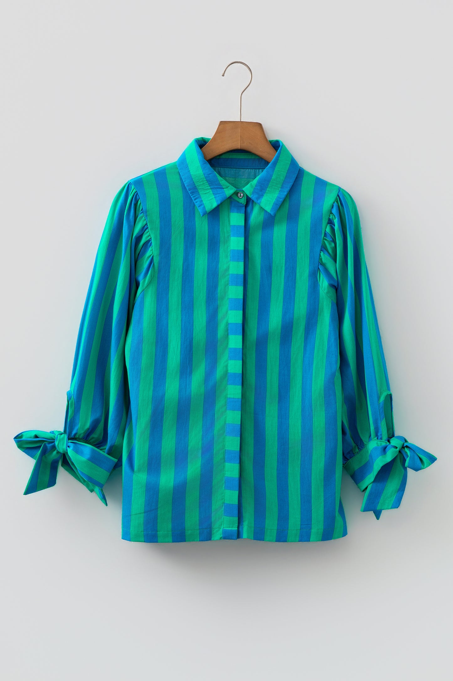 Blue Stripe Tie Puff Sleeve Womens Button Down Shirt-Tops/Blouses & Shirts-[Adult]-[Female]-2022 Online Blue Zone Planet