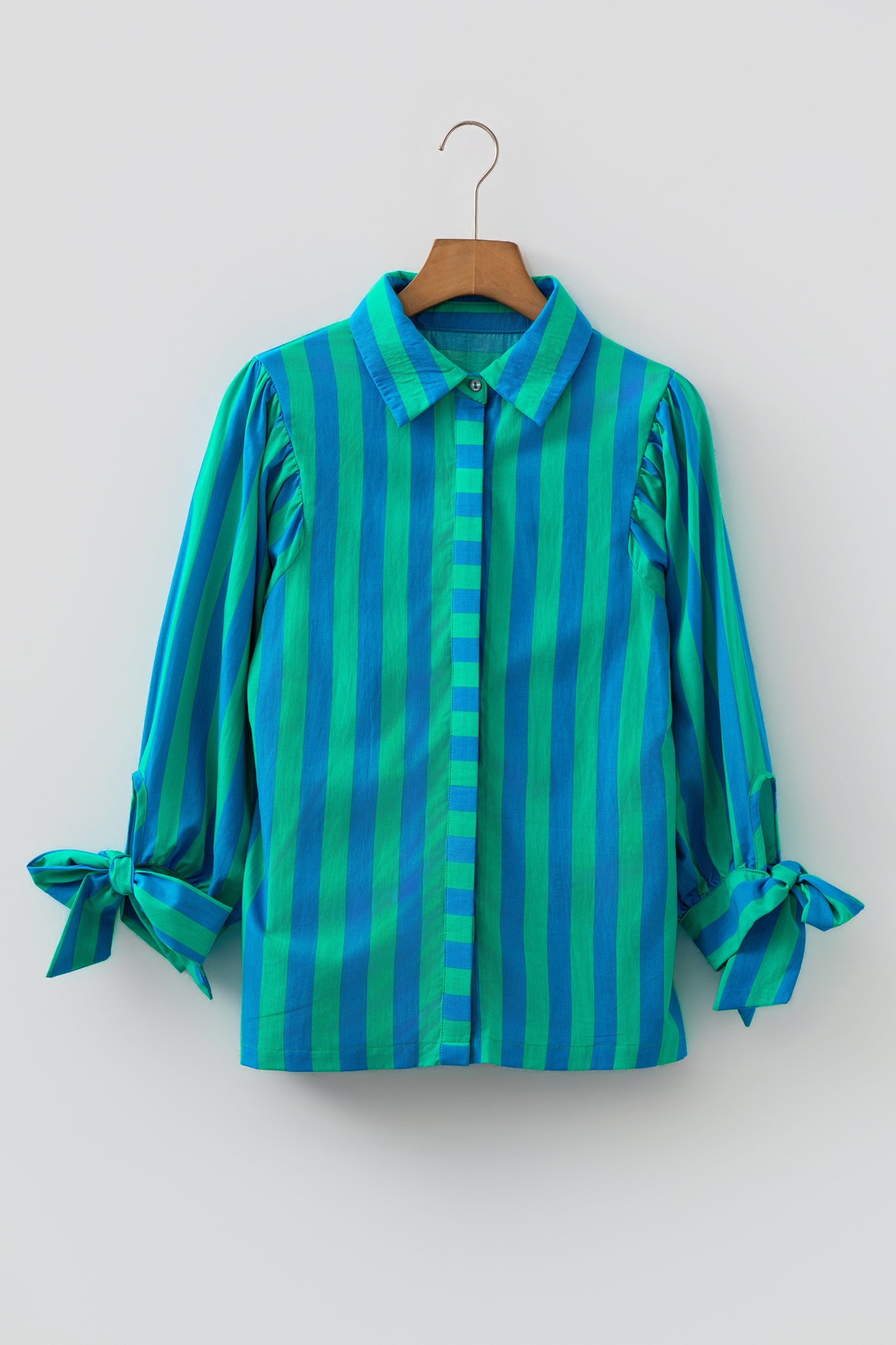 Blue Stripe Tie Puff Sleeve Womens Button Down Shirt-Tops/Blouses & Shirts-[Adult]-[Female]-2022 Online Blue Zone Planet