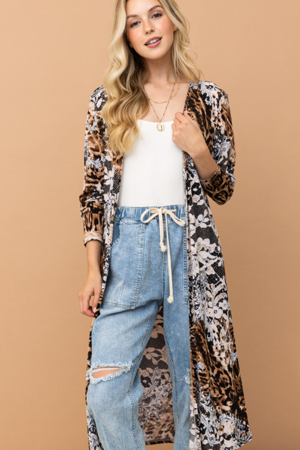 And The Why Leopard Kimono Open Front Longline Cardigan-TOPS / DRESSES-[Adult]-[Female]-2022 Online Blue Zone Planet