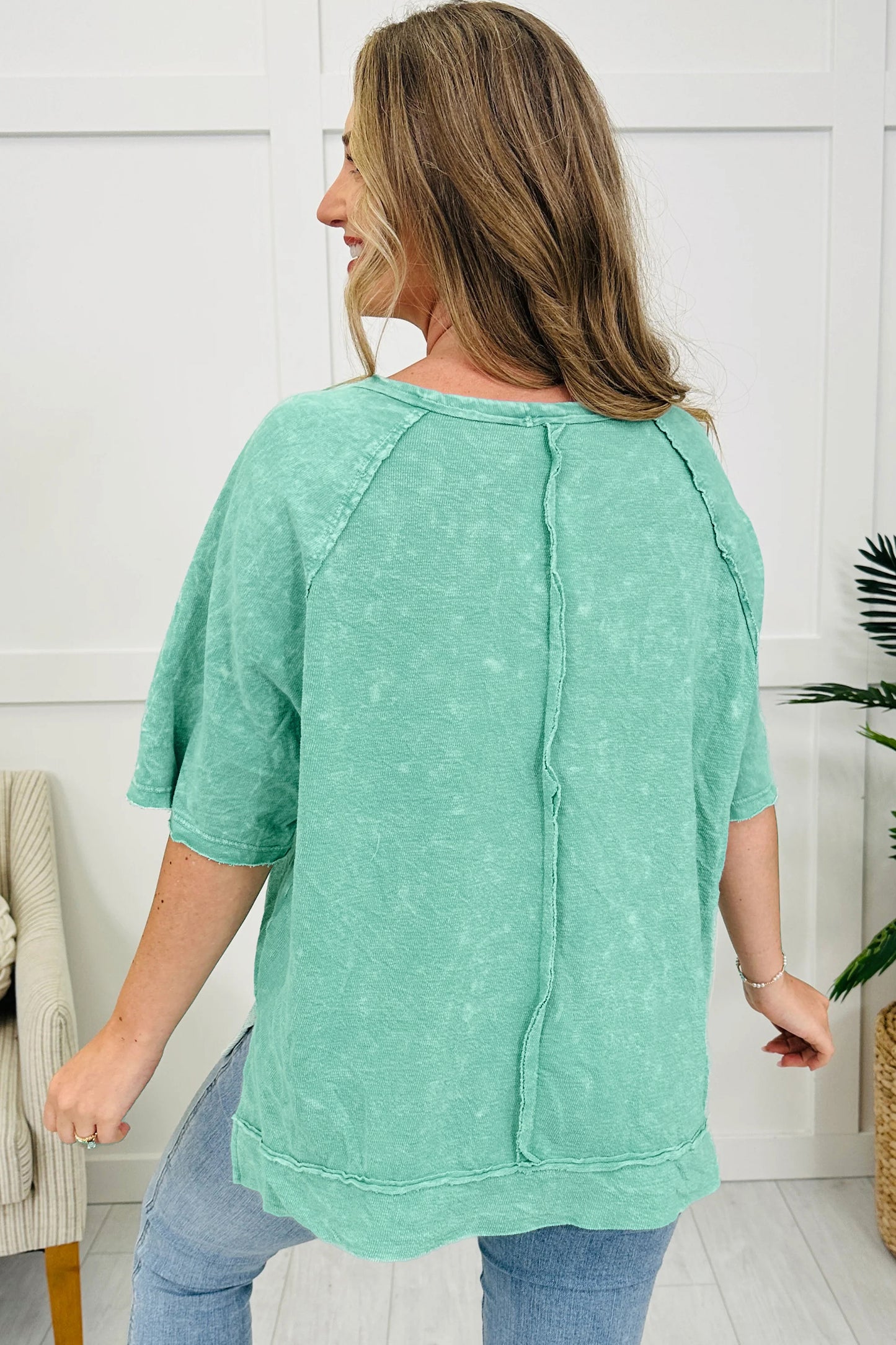 Mint Green Half Buttons Raw Seam Raglan Sleeve Mineral Wash T Shirt-Tops/Tops & Tees-[Adult]-[Female]-2022 Online Blue Zone Planet