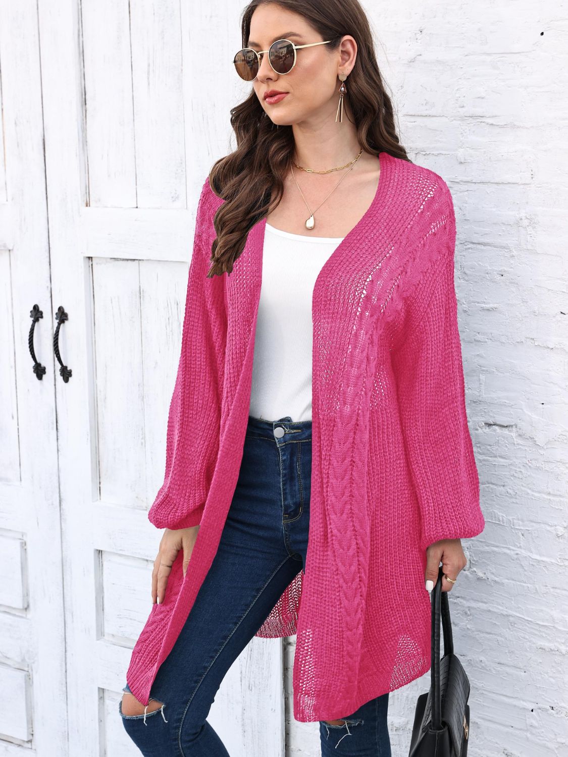 Cable-Knit Open Front Long Sleeve Cardigan-TOPS / DRESSES-[Adult]-[Female]-Deep Rose-One Size-2022 Online Blue Zone Planet