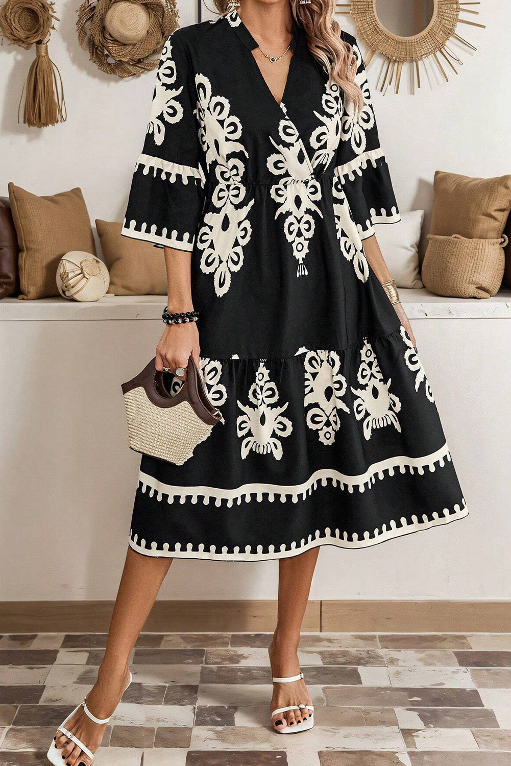 Black Western Geometric Print 3/4 Sleeve Loose Midi Dress-Dresses/Midi Dresses-[Adult]-[Female]-2022 Online Blue Zone Planet