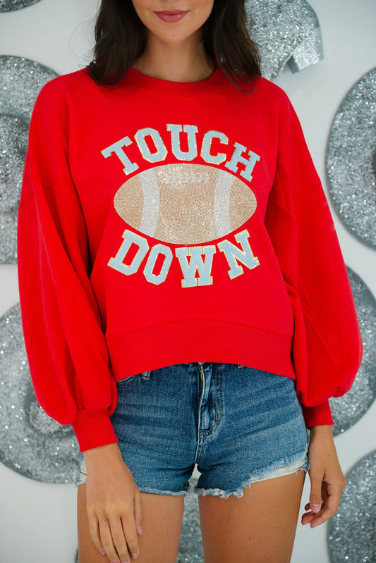 Fiery Red TOUCH DOWN Football Graphic Pullover Sweatshirt-Tops/Sweatshirts & Hoodies-[Adult]-[Female]-Fiery Red-S-2022 Online Blue Zone Planet