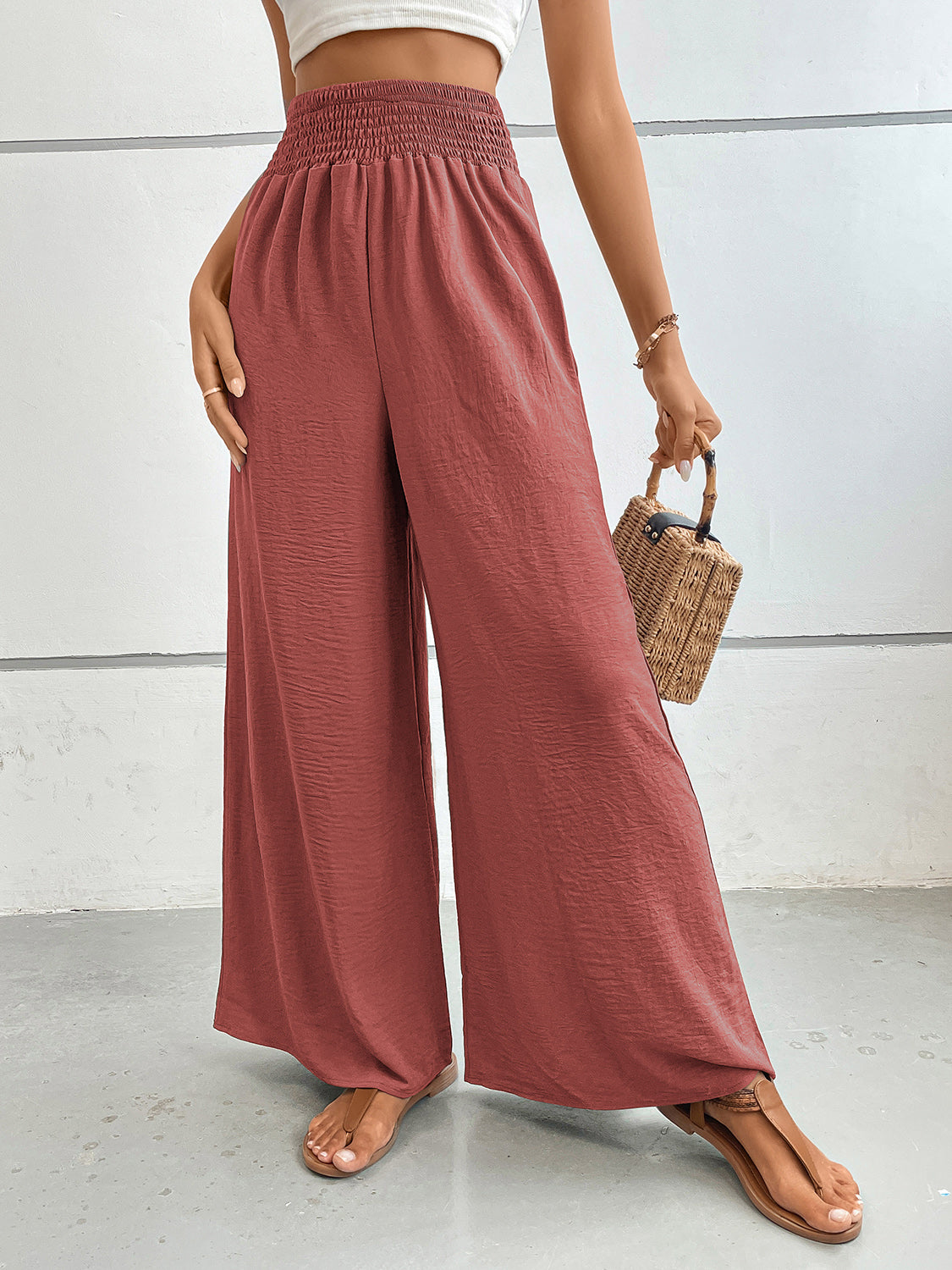 Blue Zone Planet | Perfee Wide Leg Pants with Pockets-BOTTOM SIZES SMALL MEDIUM LARGE-[Adult]-[Female]-Rust-S-2022 Online Blue Zone Planet