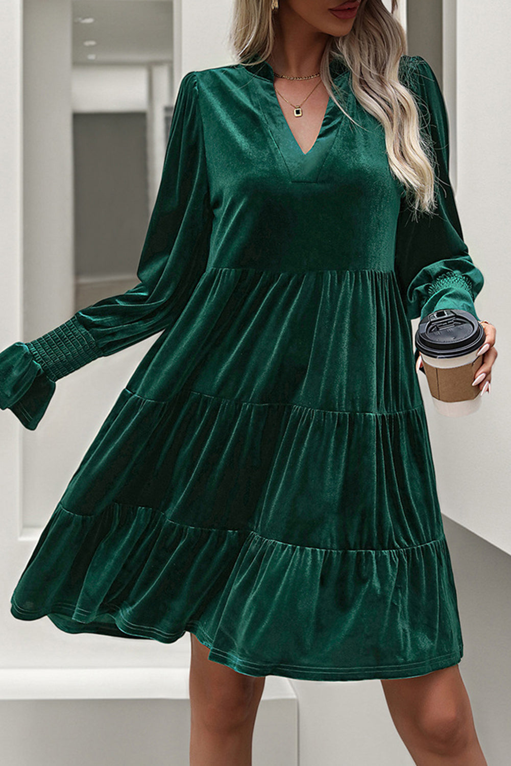 Blue Zone Planet | Evergreen Long Sleeve V Neck Velvet Short Dress-TOPS / DRESSES-[Adult]-[Female]-2022 Online Blue Zone Planet