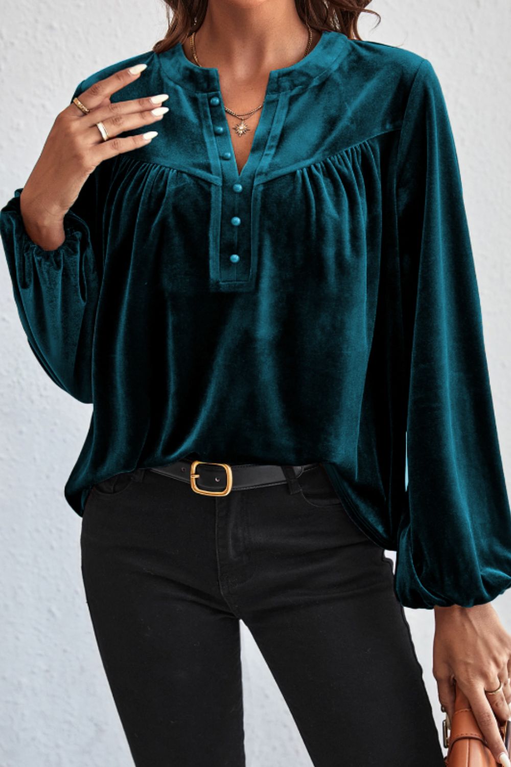 Blue Zone Planet | Notched Long Sleeve Velvet Top-TOPS / DRESSES-[Adult]-[Female]-Deep Teal-S-2022 Online Blue Zone Planet