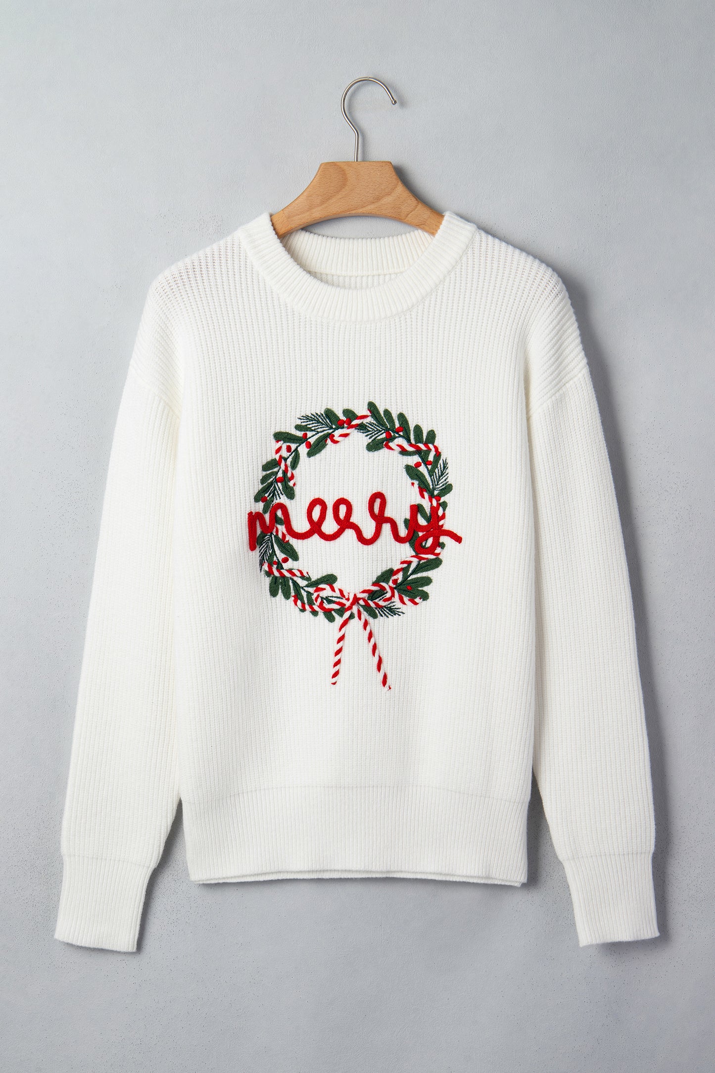 White Christmas Wreath Pattern Round Neck Casual Sweater-TOPS / DRESSES-[Adult]-[Female]-2022 Online Blue Zone Planet