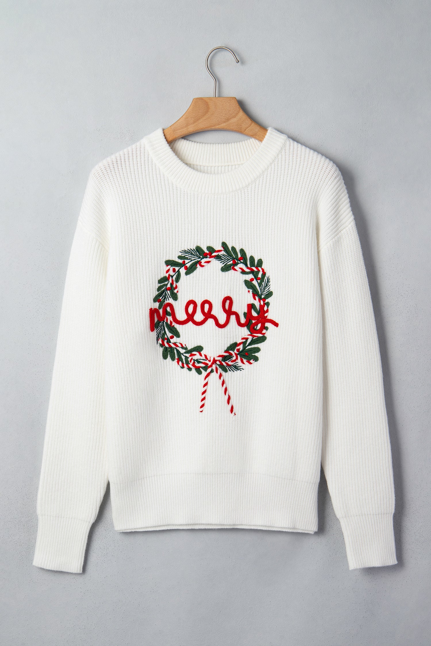 White Christmas Wreath Pattern Round Neck Casual Sweater-TOPS / DRESSES-[Adult]-[Female]-2022 Online Blue Zone Planet