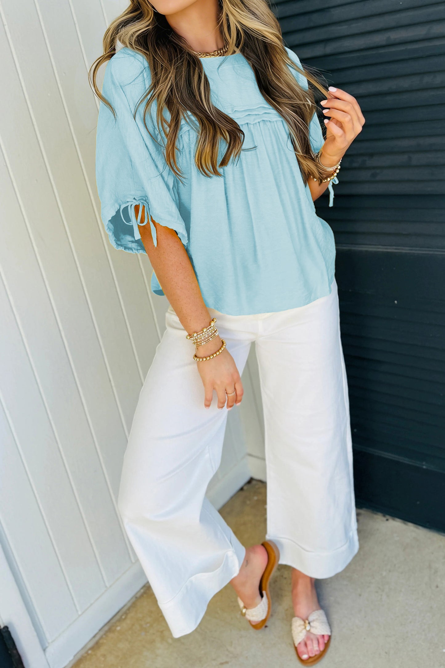 Yellow Cream Tie Half Sleeve Pleated Detail Babydoll Blouse-Tops/Blouses & Shirts-[Adult]-[Female]-2022 Online Blue Zone Planet