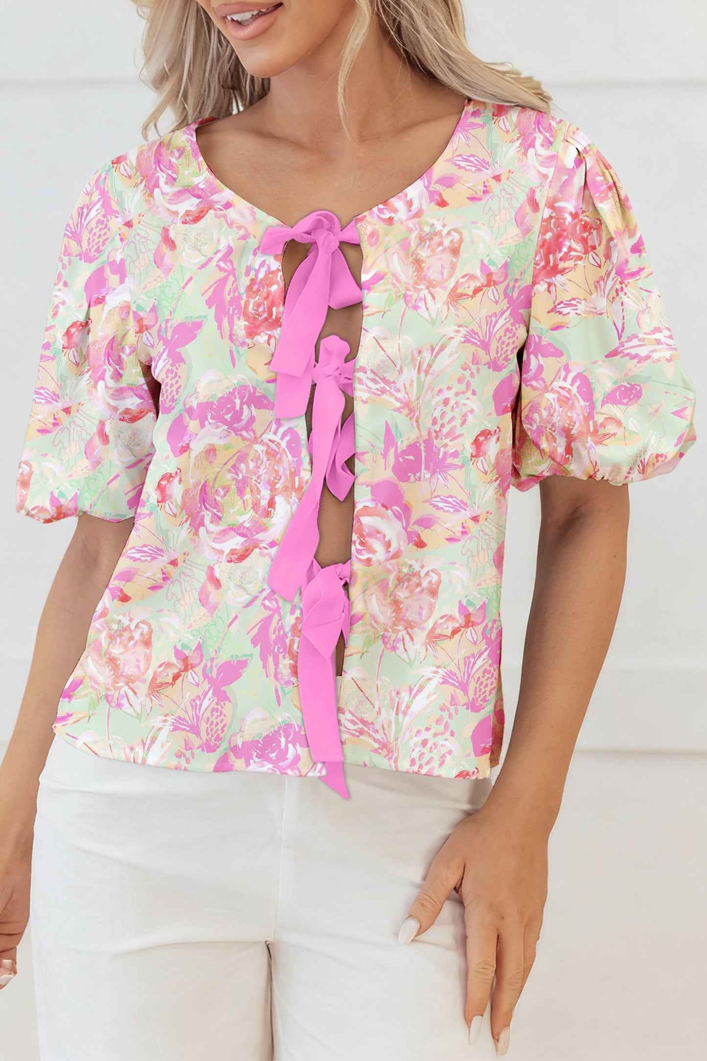 Pink Ribbon Knot Front Floral Short Puff Sleeve Blouse-Tops/Blouses & Shirts-[Adult]-[Female]-Pink-S-2022 Online Blue Zone Planet