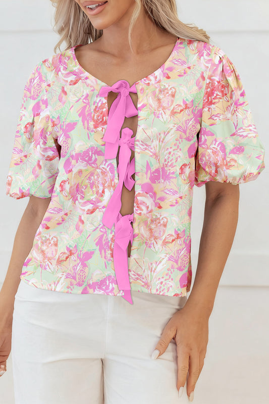 Pink Ribbon Knot Front Floral Short Puff Sleeve Blouse-Tops/Blouses & Shirts-[Adult]-[Female]-Pink-S-2022 Online Blue Zone Planet