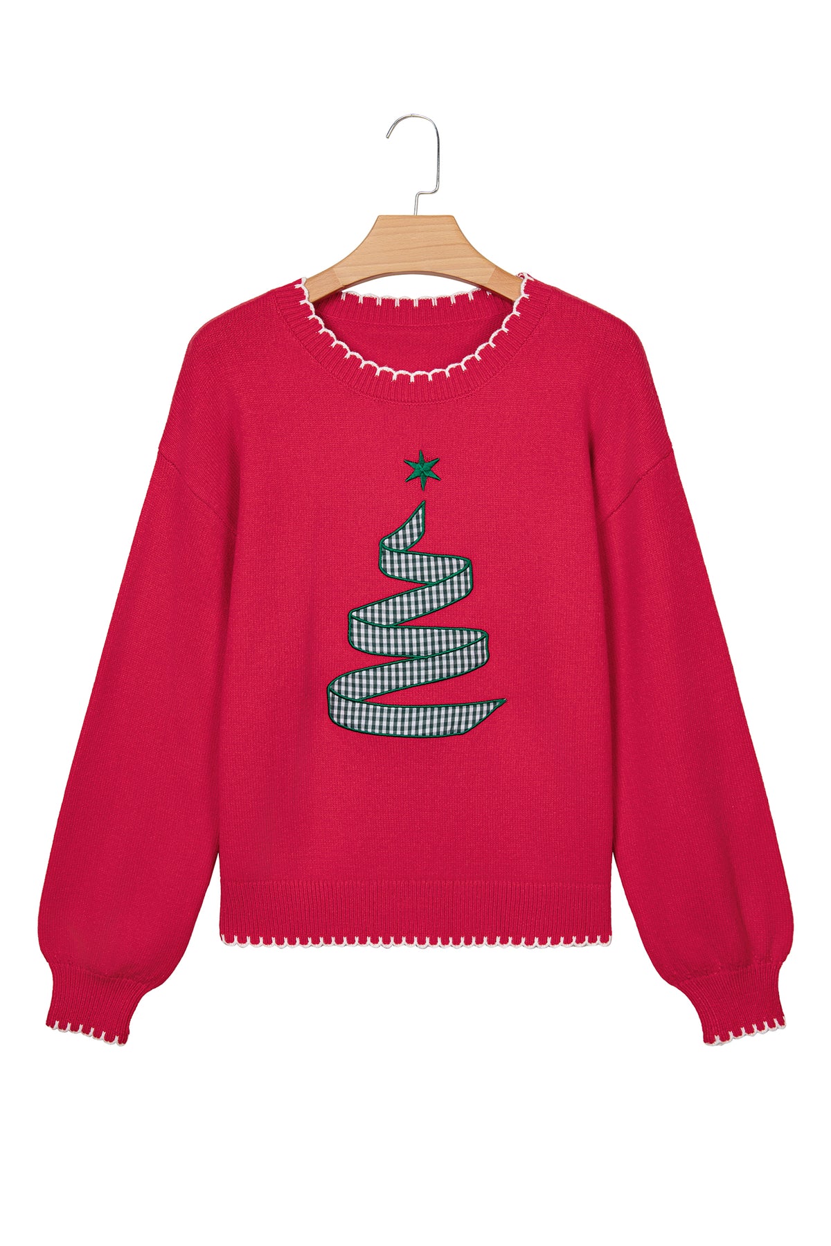 Racing Red Stitched Detail Christmas Tree Holiday Casual Sweater-TOPS / DRESSES-[Adult]-[Female]-2022 Online Blue Zone Planet