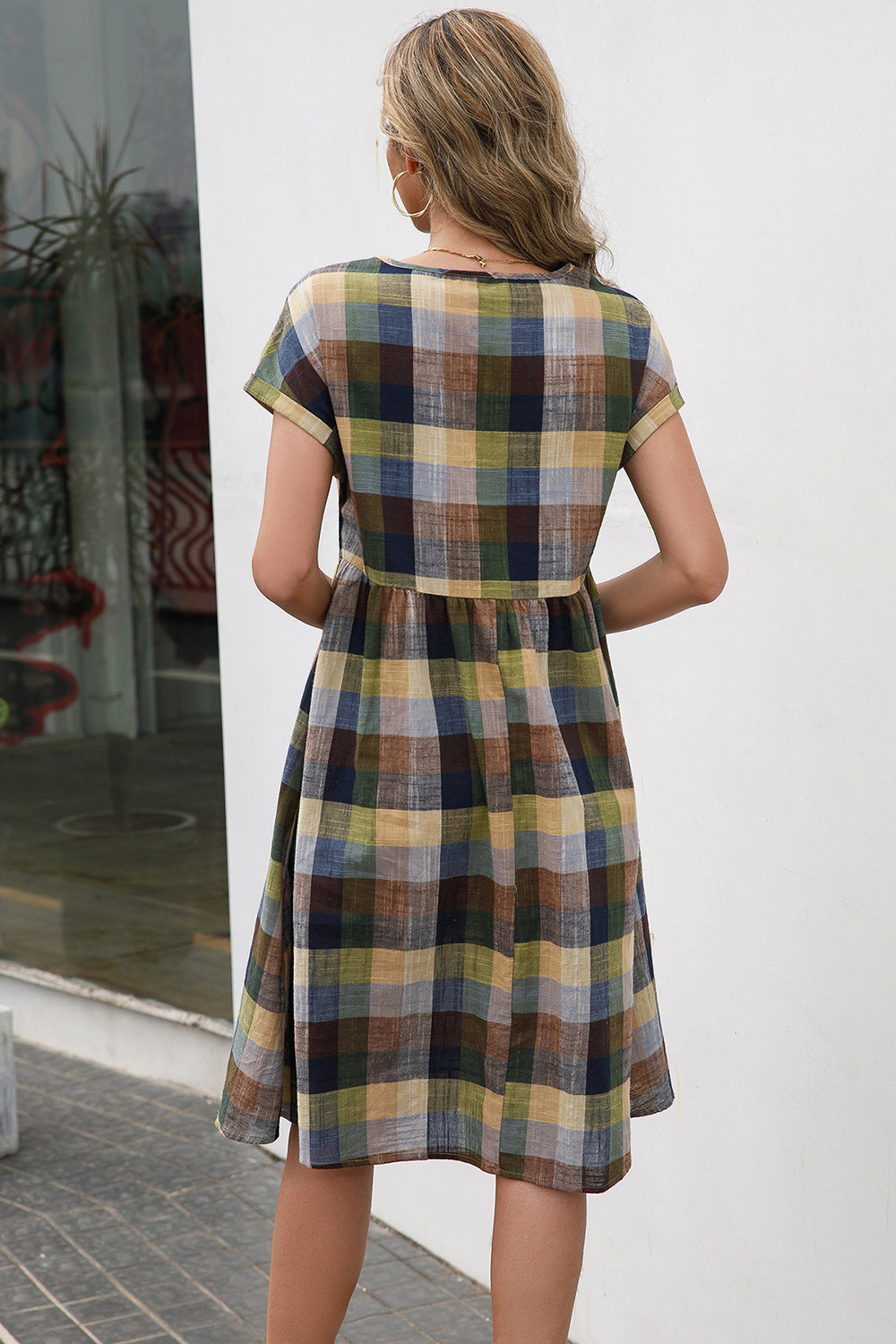 Plaid Round Neck Cap Sleeve Dress-TOPS / DRESSES-[Adult]-[Female]-2022 Online Blue Zone Planet