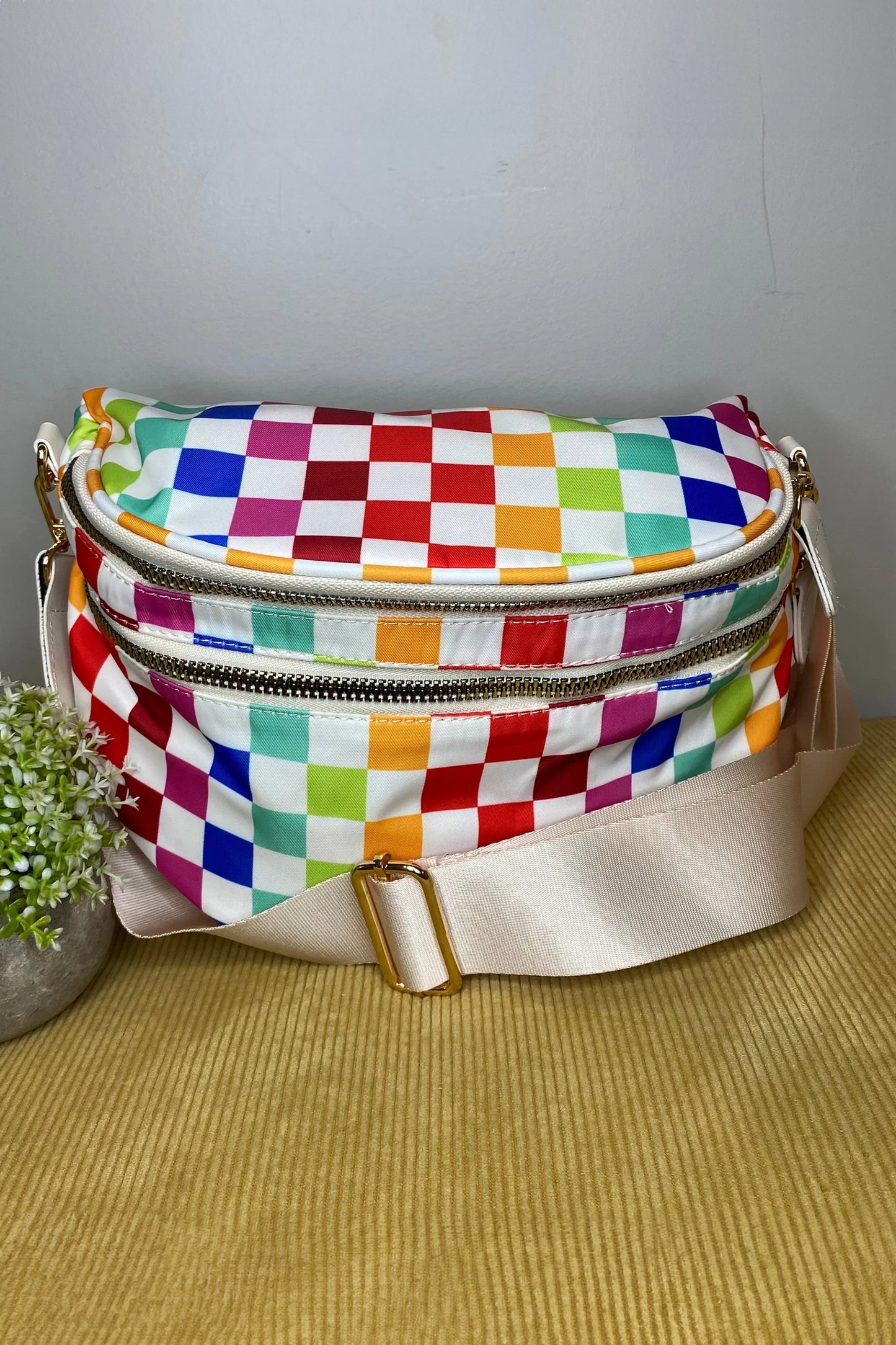 Color black Pretty Checkerboard Canvas Double Zip Crossbody Bag